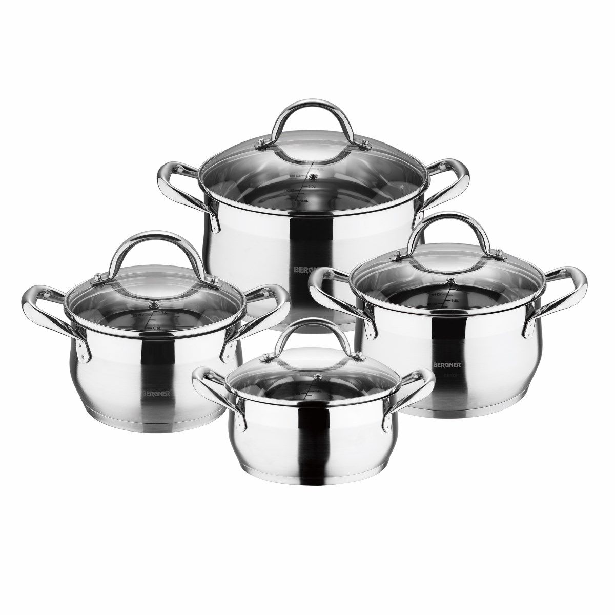 Bergner Gourmet Stainless Steel Cookware Set 4 Cooking Pans with Lids Induction Compatible - Afanaya